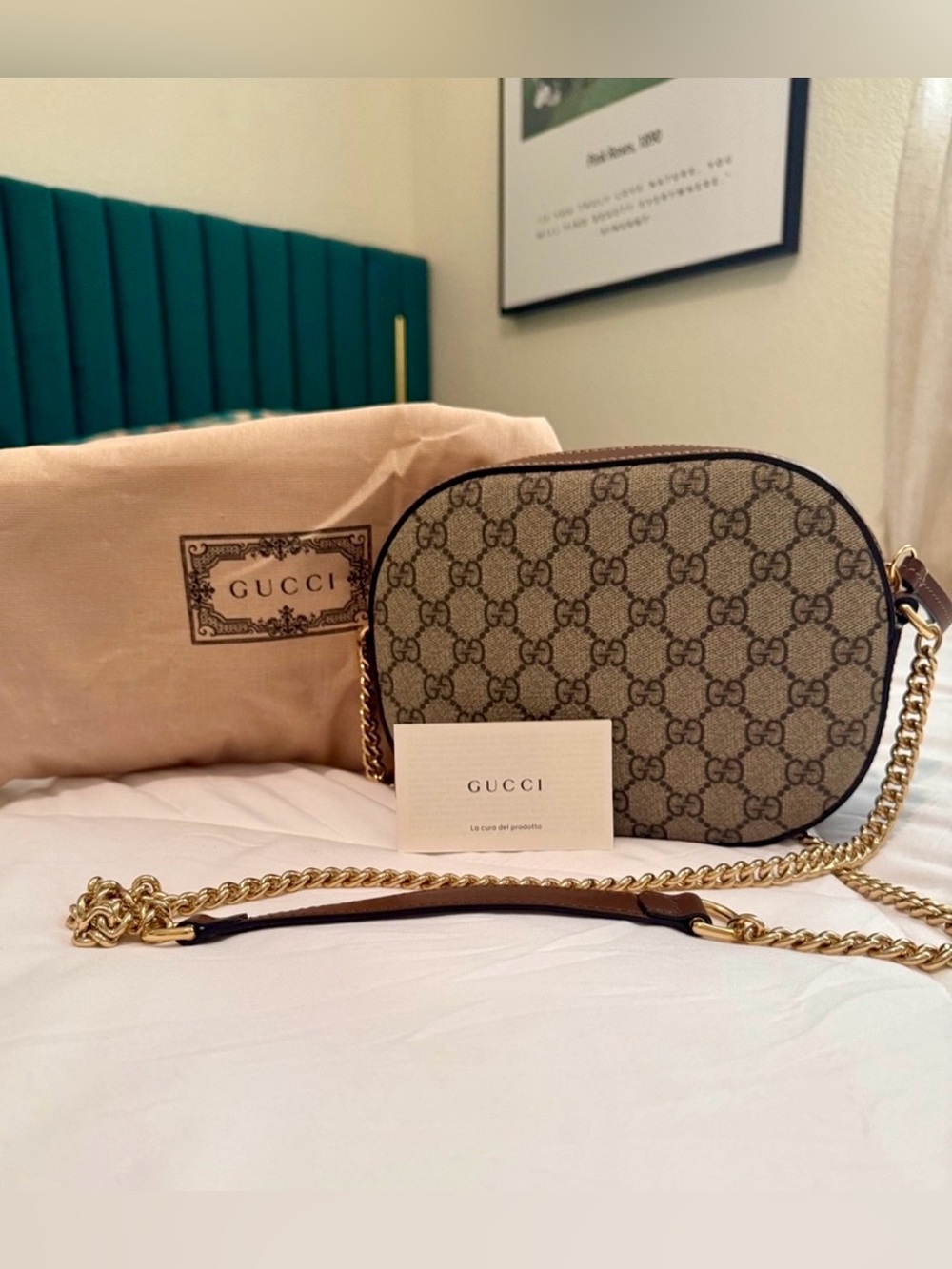 Authentic Gucci Beige Brown Crossbody with Gold Chain